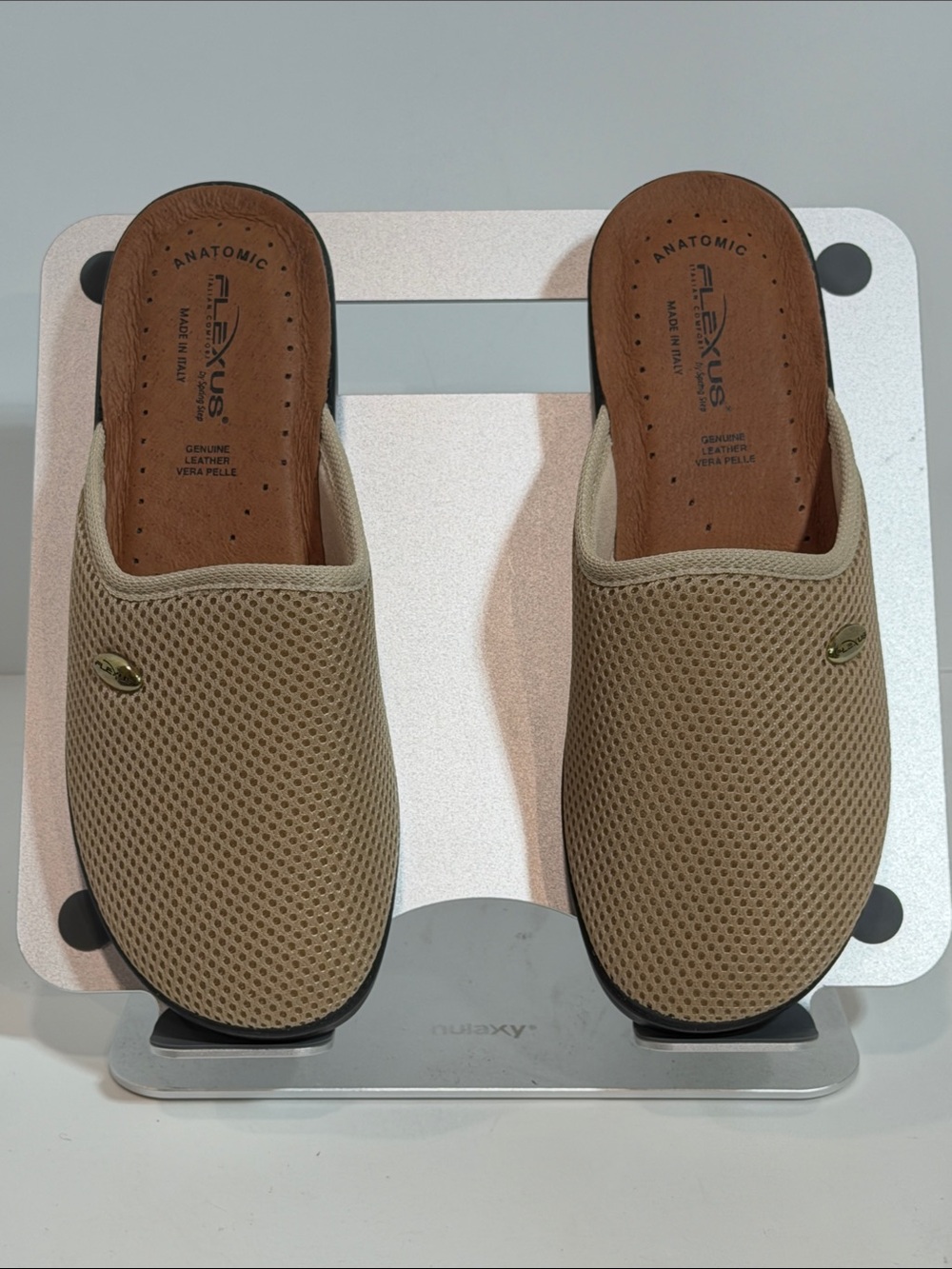 Flexus by Spring Step Beige Mesh Mule Clogs Anatomic Leather Slide